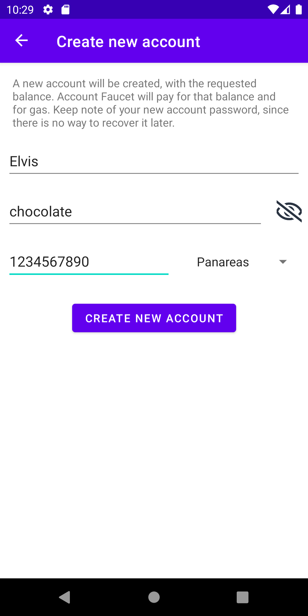 Figure 9. The form specifying a new account Elvis