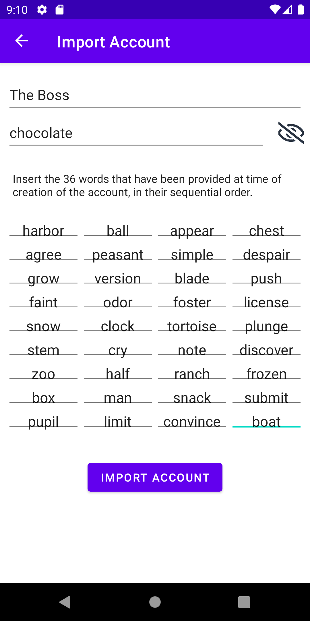 Figure 13. Inserting the 36 words passphrase in Mokito