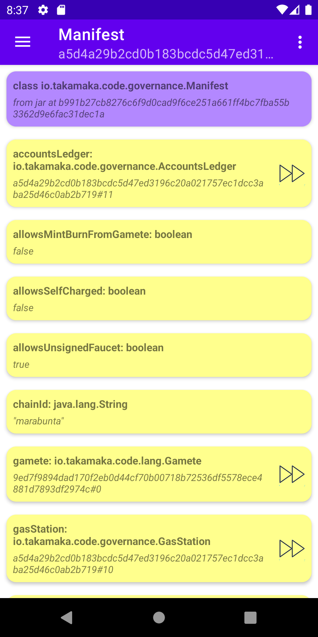 Figure 6. The manifest of the Hotmoka node, shown in the Mokito app