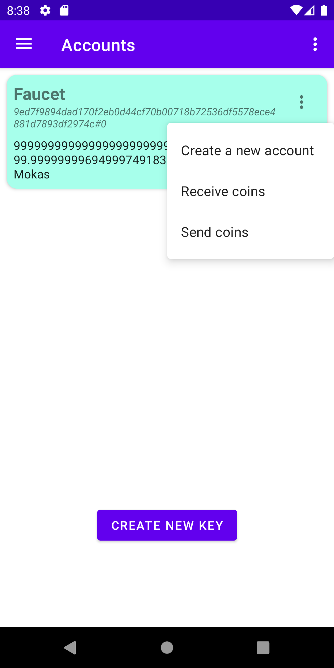 Figure 8. The menu for creating a new account with Mokito